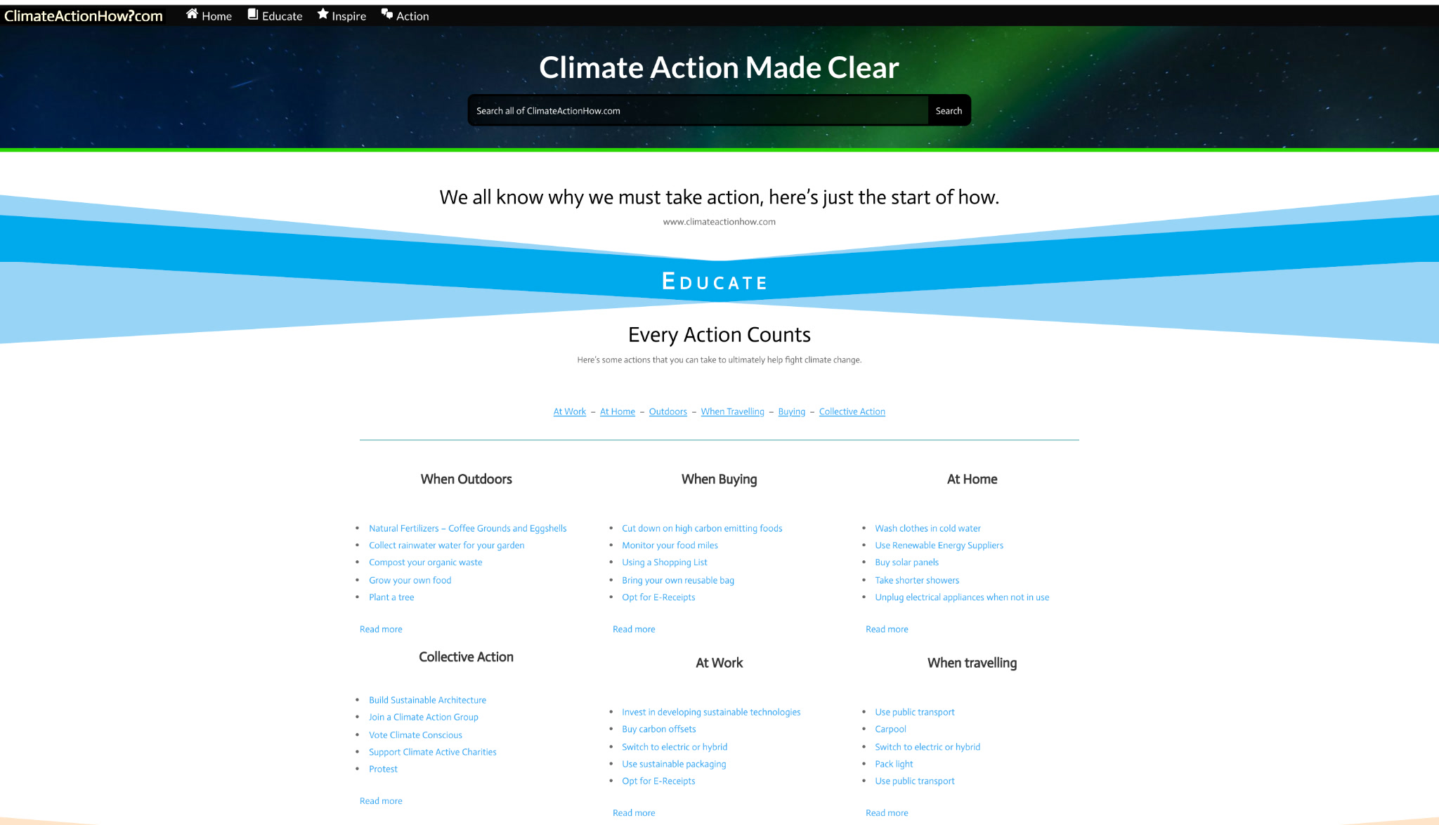 ClimateActionHow.com homepage showing its search bar and Educate categories