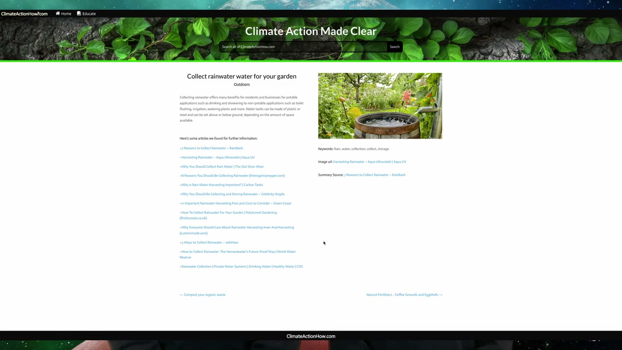 ClimateActionHow.com WordPress article about collecting rainwater for a garden