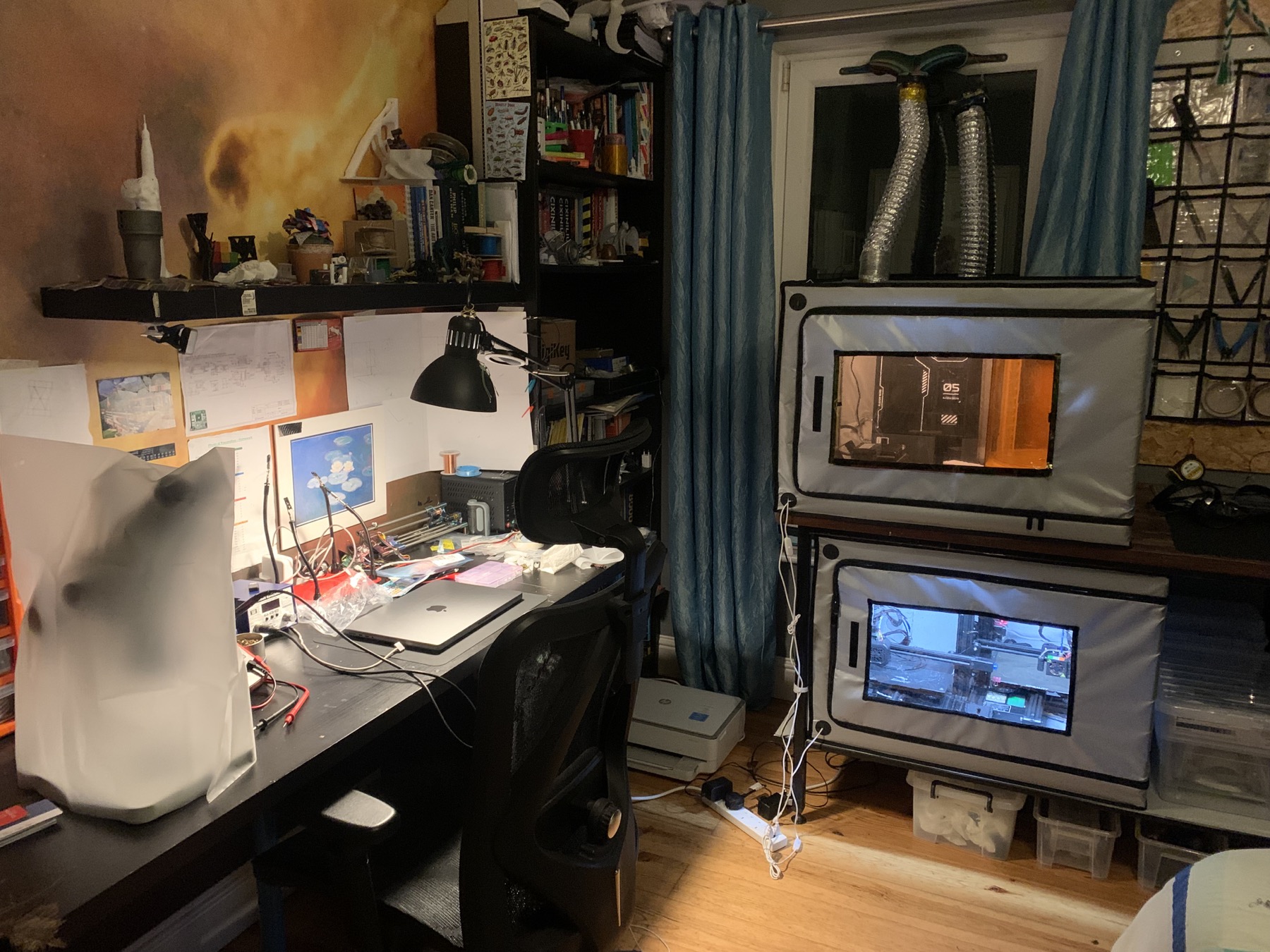 Final extraction setup with two stacked enclosures and two aluminium ducts running to the window