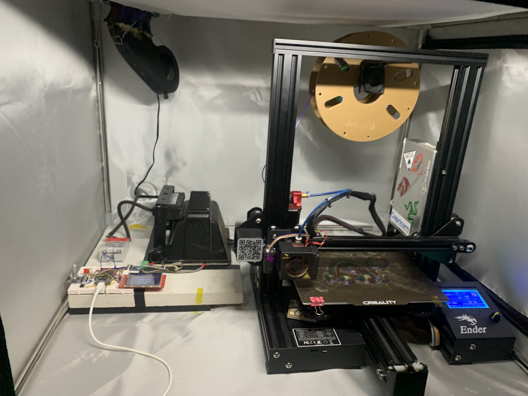 Floodlamp oven positioned directly below the iMac extraction blower inside the enclosure