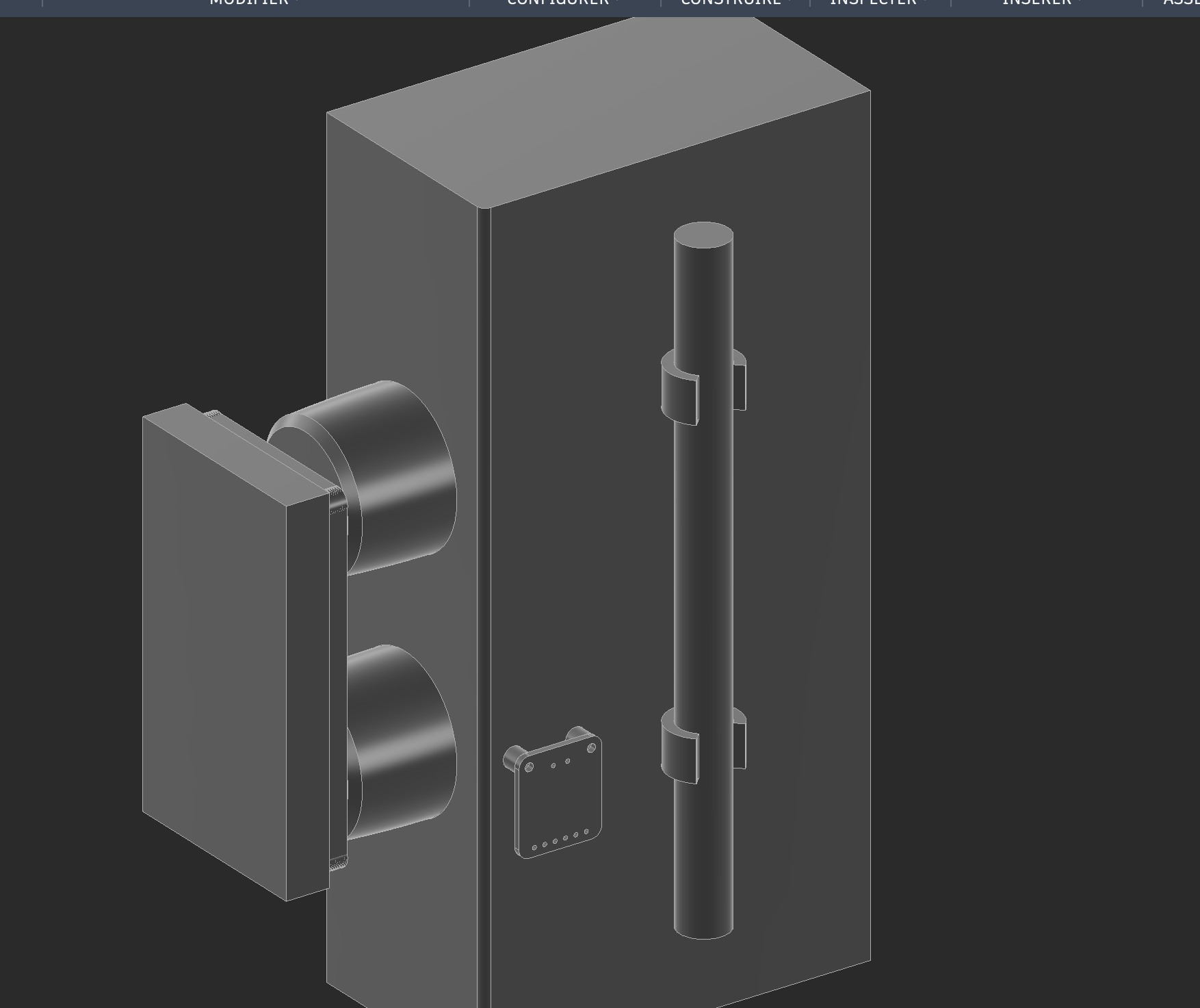 Simplified CAD volumes showing the oven corner, two dials, display and side-mounted electronics