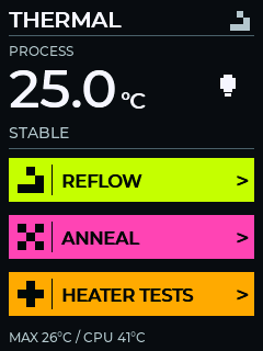 Home screen with temperature, trend, mode selection and the brightness bulb