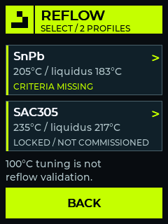 SnPb and SAC305 profile menu with the lead-free profile still locked