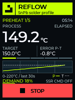 Reflow preheat screen showing measured temperature, target and live graph