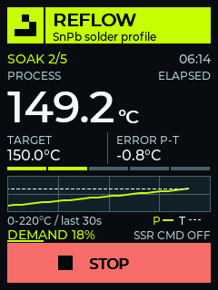 Reflow soak screen with progress and Stop control