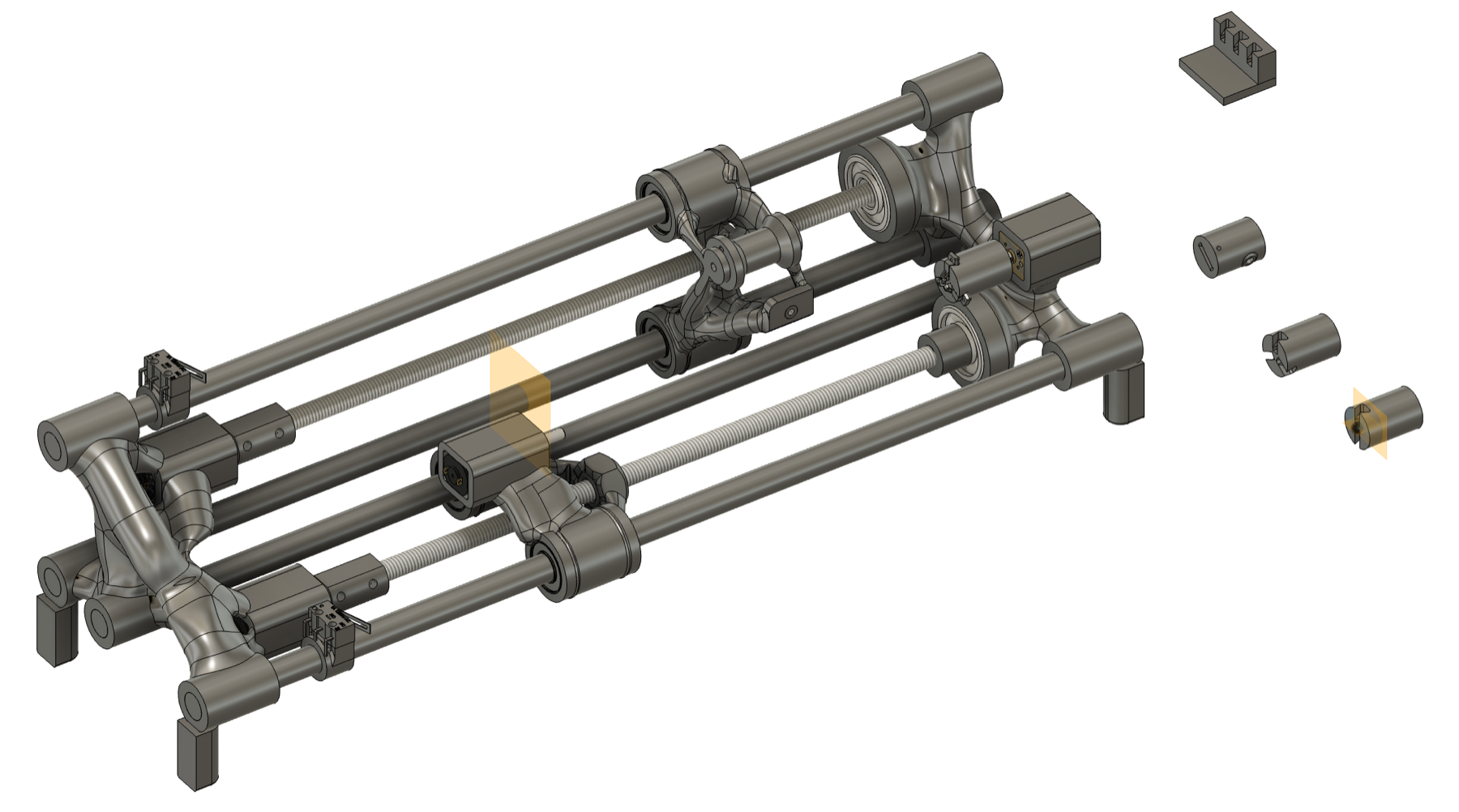 Complete Twister CAD assembly with four motors, two lead screws, guide rods, translating carriages and interchangeable twist-head parts