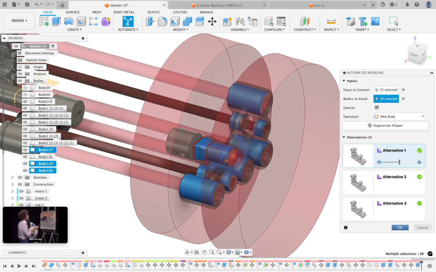 Fusion automated modelling in progress with faces to connect and bodies to avoid selected around the Twister mechanism