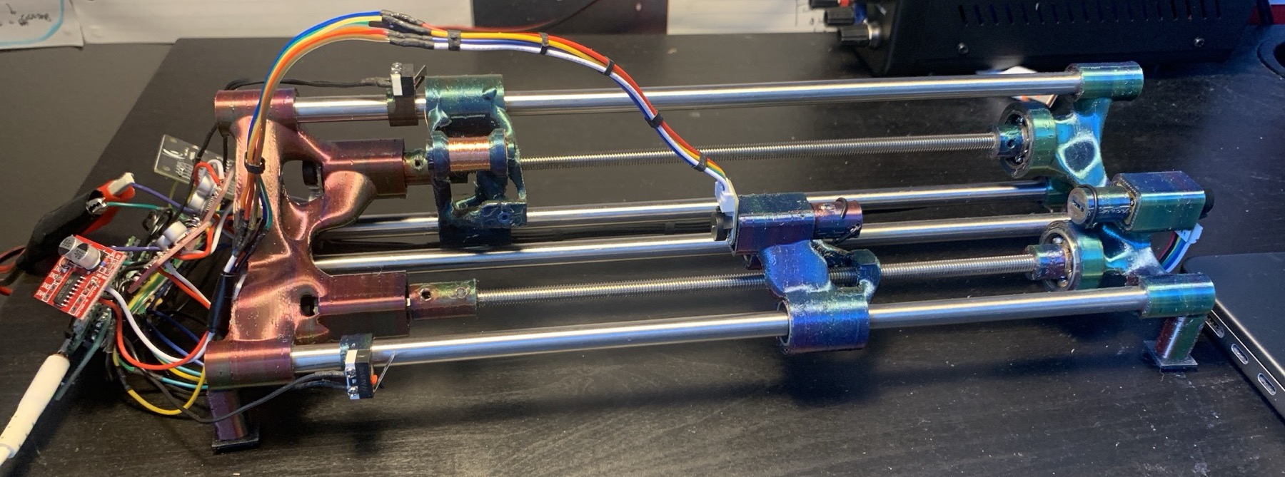 The complete Twister machine with its two lead screws, four motors, copper carriage and control electronics