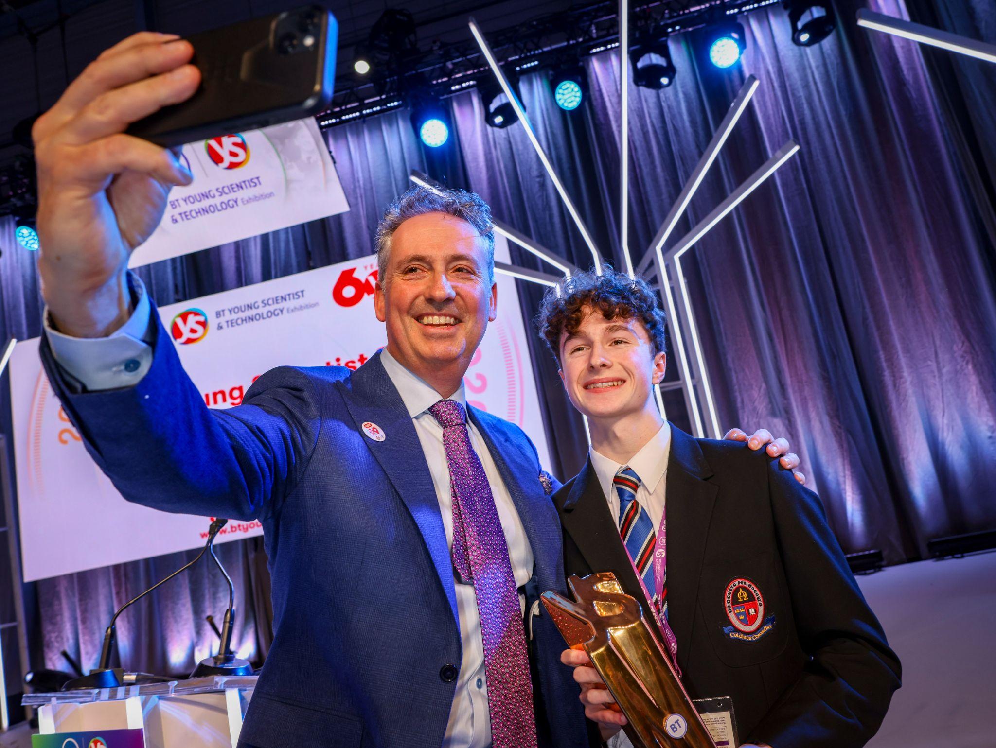 A selfie on the BTYSTE awards stage with Seán holding the overall trophy
