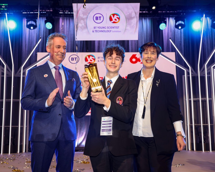 Seán holding the BT Young Scientist trophy for VerifyMe
